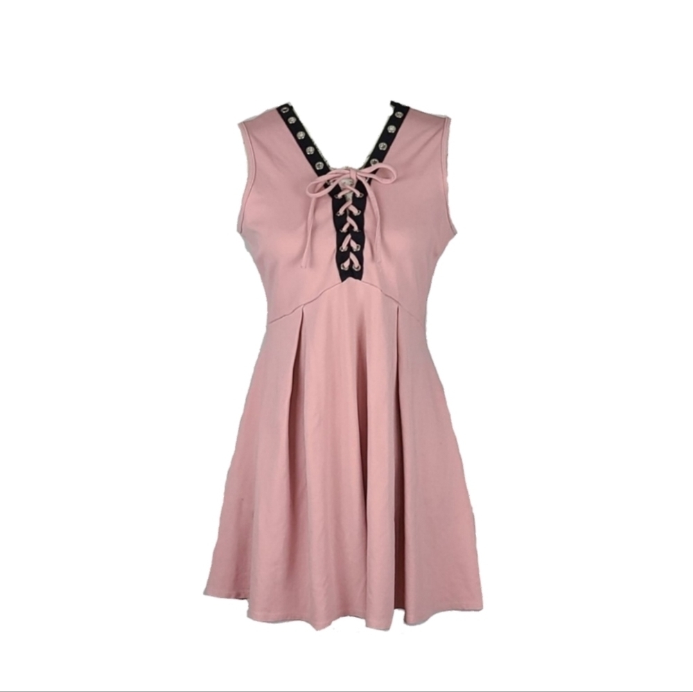 Y2K Vintage Pink Dress Grommet Crisscross Neckline Size L